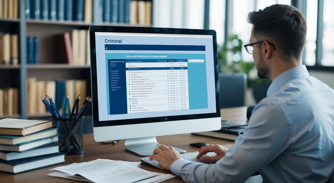 A person researching on a computer, surrounded by legal books and documents, with a list of potential criminal lawyers on the screen