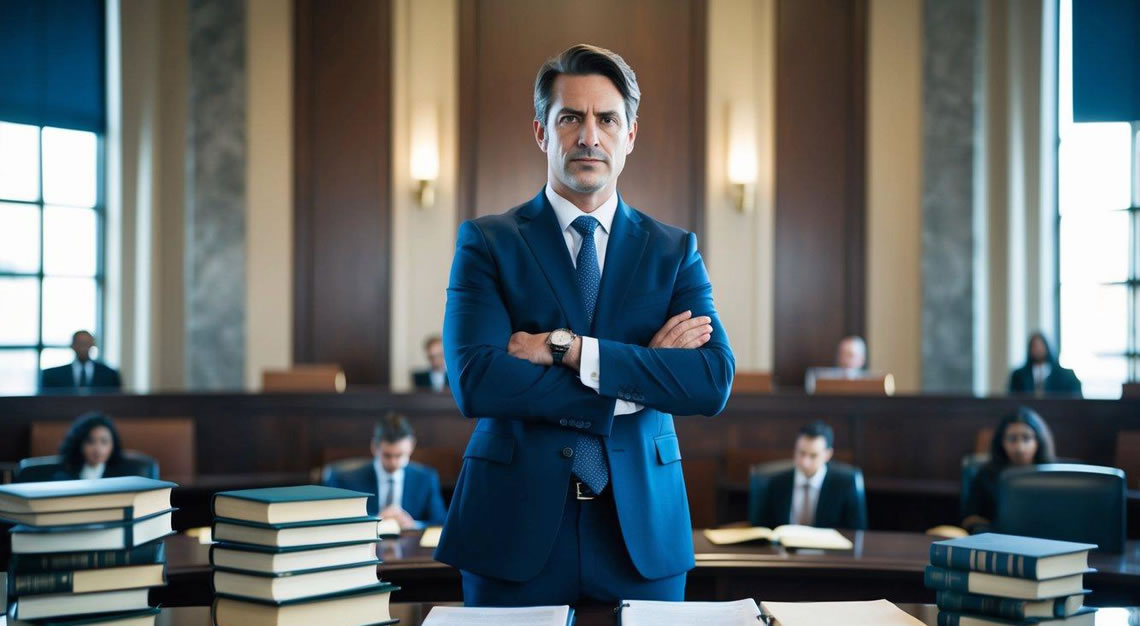 A criminal lawyer standing confidently in a courtroom, surrounded by law books and legal documents, with a determined expression on their face