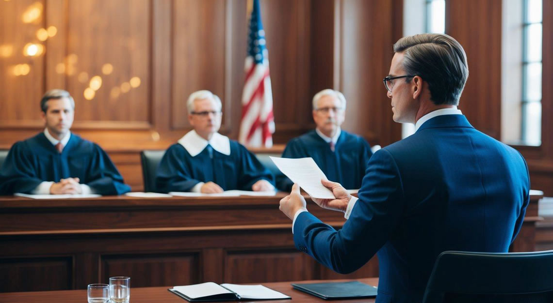 A courtroom with a confident lawyer presenting evidence to a judge and jury