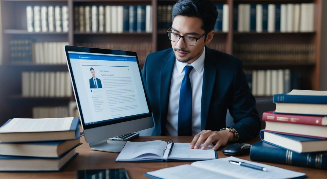 A person researching criminal lawyers online, surrounded by legal books and documents